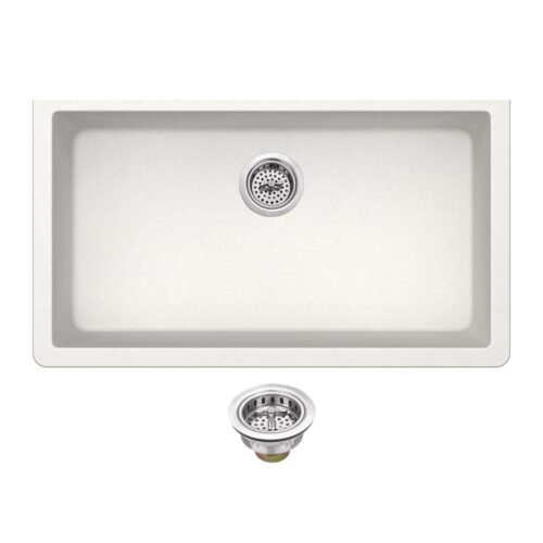 Undermount Quartz 33 in. 0-Hole Single Bowl Kitchen Sink in Alpine White with Drain Assembly