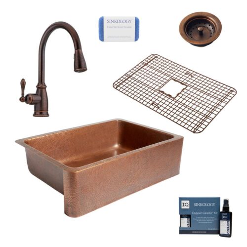Adams All-In-One Farmhouse Copper 33 in. Single Bowl Kitchen Sink with Pfister Bronze Pull Down Faucet and Drain
