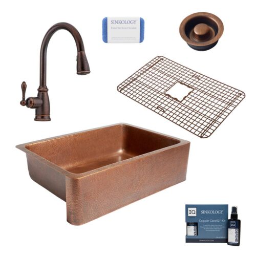 Adams All-in-One Farmhouse Copper 33 in. Single Bowl Kitchen Sink with Pfister Rustic Bronze Faucet and Disposal Drain