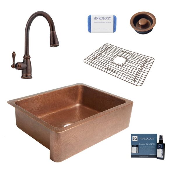 Corbet All-in-One Farmhouse Apron-Front Copper 30 in. Single Bowl Kitchen Sink with Pfister Bronze Faucet and Drain