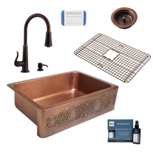 Ganku All-in-One Farmhouse Apron-Front Copper 33 in. Single Bowl Kitchen Sink with Pfister Bronze Faucet and Strainer