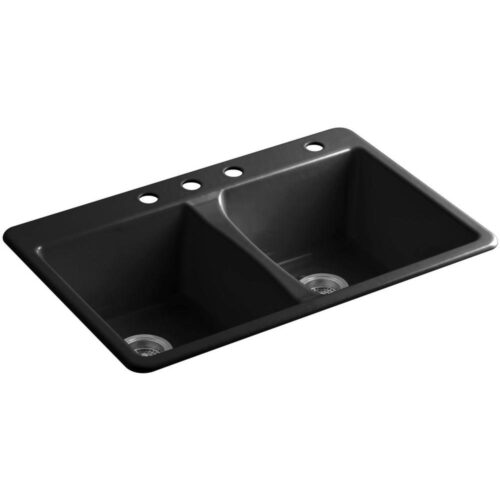 Deerfield Drop-In Cast Iron 33 in. 4-Hole Double Bowl Kitchen Sink in Black