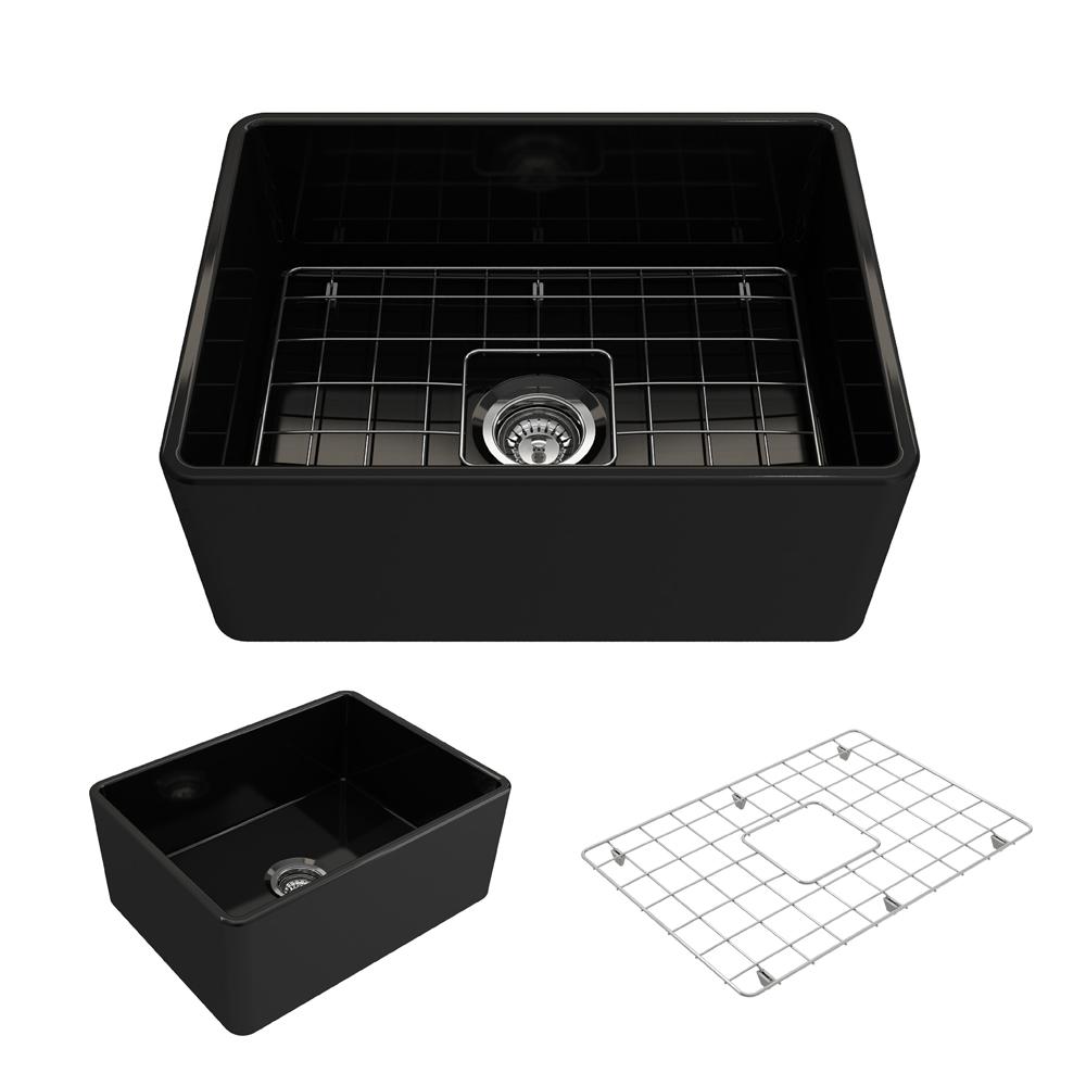 Classico Farmhouse Apron Front Fireclay 24 in. Single Bowl Kitchen Sink with Bottom Grid and Strainer in Black Classico Farmhouse Apron Front Fireclay 24 in. Single Bowl Kitchen Sink with Bottom Grid and Strainer in Black