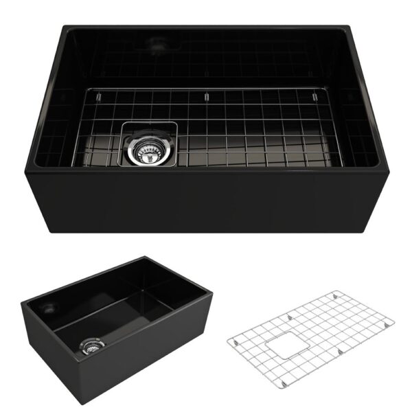 Contempo Farmhouse Apron Front Fireclay 30 in. Single Bowl Kitchen Sink with Bottom Grid and Strainer in Black