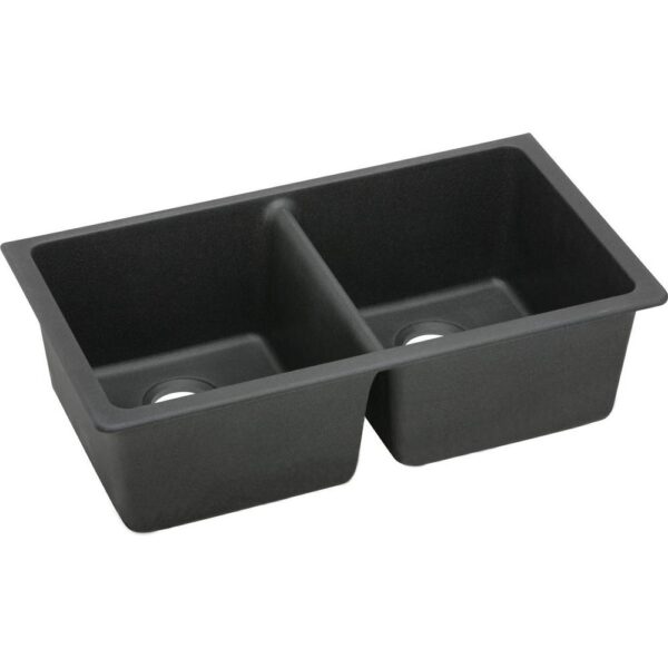 Quartz Classic Black Quartz 33 in. Equal Double Bowl Undermount Kitchen Sink