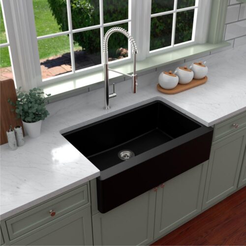 Farmhouse/Apron-Front Quartz Composite 34 in. Single Bowl Kitchen Sink in Black