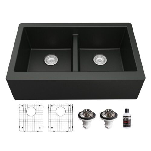 QA-750 Quartz/Granite 34 in. Double Bowl 50/50 Farmhouse/Apron Front Kitchen Sink in Black with Grid and Strainer