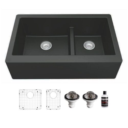 QA-760 Quartz/Granite 34 in. Double Bowl 60/40 Farmhouse/Apron Front Kitchen Sink in Black with Grid and Strainer