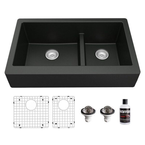 QAR-760 Quartz/Granite 34 in. Double Bowl 60/40 Retrofit Farmhouse/Apron Front Kitchen Sink in Black w/Grid and Strainer