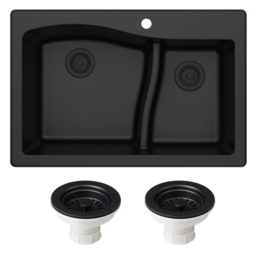 Quarza Black Granite Composite 33 in. 60/40 Double Bowl Undermount/Drop-In Kitchen Sink and Strainers