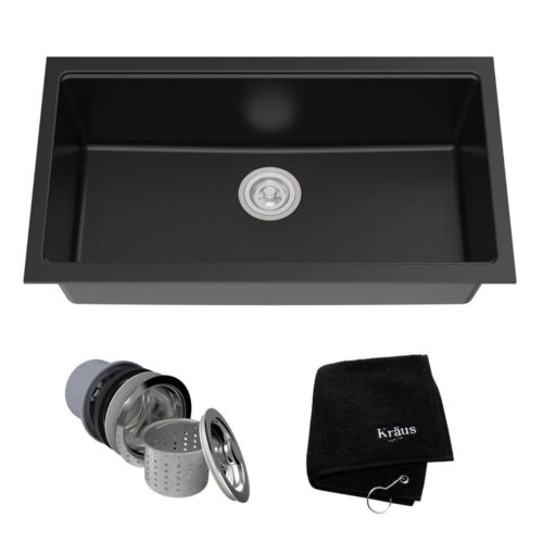 Undermount Granite Composite 32 in. Single Basin Kitchen Sink Kit in Black