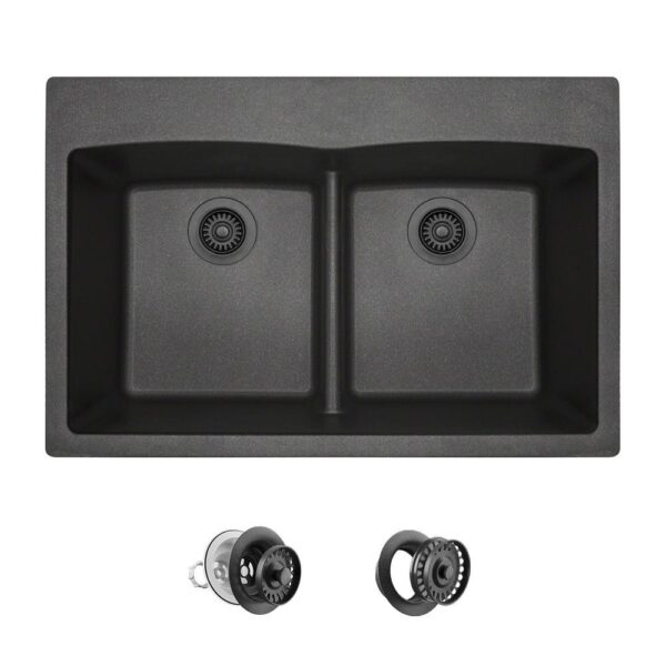 Black Quartz Granite 33 in. Double Bowl Drop-In Kitchen Sink with Matching Strainer and Flange