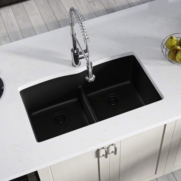 Black Quartz Granite 33 in. Double Bowl Undermount Kitchen Sink with Matching Strainer and Flange