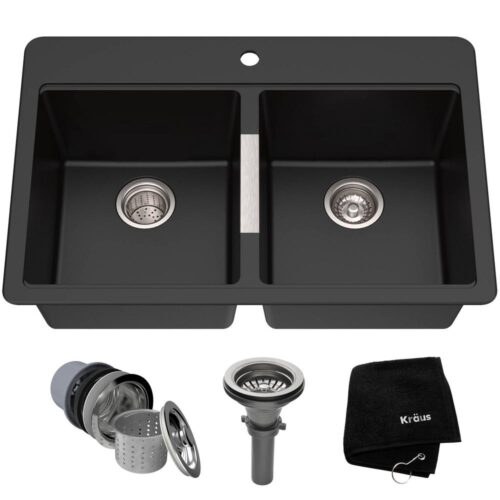 Drop-in/Undermount Granite Composite 33 in. 1-Hole 50/50 Double Basin Kitchen Sink Kit in Black Onyx