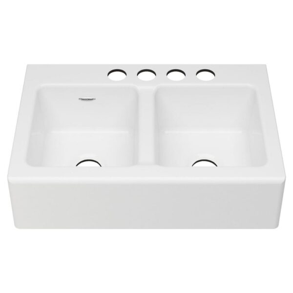 Delancey Farmhouse Apron Front Cast Iron 33 in. 4-Hole Double Bowl Kitchen Sink in Brilliant White