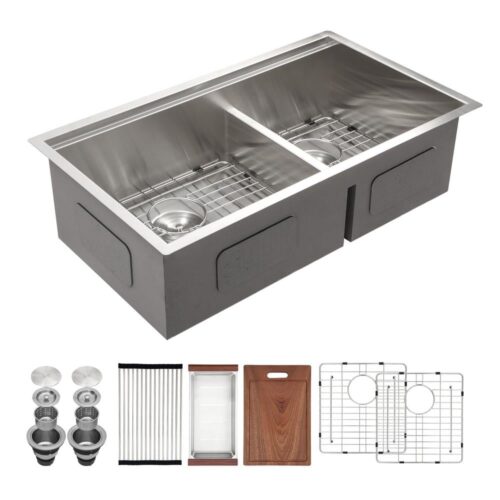 Brushed 16-Gauge Stainless Steel 30 in. x 19 in. Double Bowl Undermount Workstation Kitchen Sink