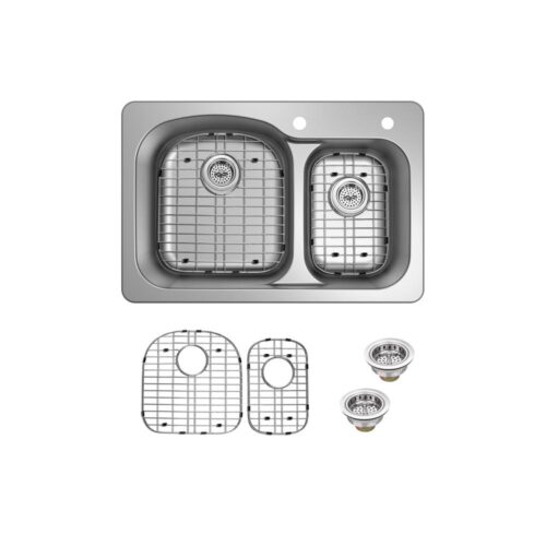 Stainless Steel 33 in. 18-Gauge Double Bowl Top Mount Kitchen Sink with Grid Set and Drain Assemblies
