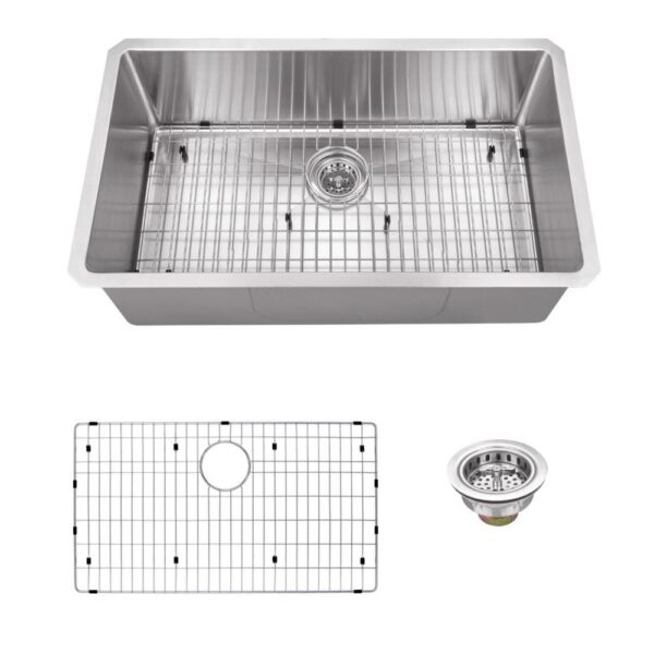 Undermount 16-Gauge Stainless Steel 32 in. 0-Hole Single Bowl Radius Kitchen Sink with Grid and Drain Assembly