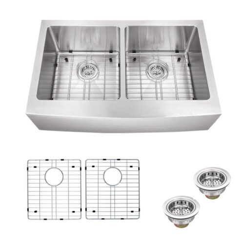 Farmhouse Apron Front Undermount 16-Gauge Stainless Steel 33 in. 50/50 Double Bowl Kitchen Sink with Grid Set and Drains