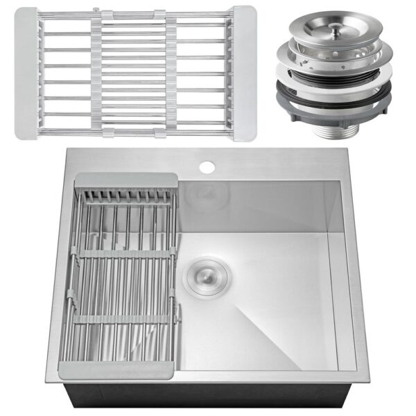 Handmade Drop-in Stainless Steel 25 in. x 22 in. Single Bowl Kitchen Sink with Drying Rack