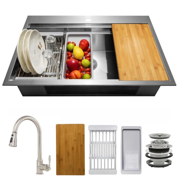 Handmade All-in-One Topmount Stainless Steel 30 in. x 22 in. Single Bowl Kitchen Sink with Pull-down Faucet and Colander