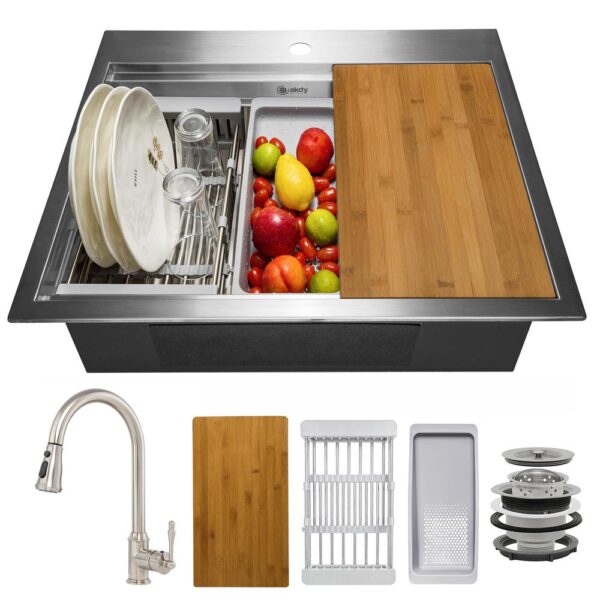 All-in-One Stainless Steel 25 in. x 22 in. Single Bowl Drop-in Kitchen Sink with Pull-Down Faucet and   Workstation