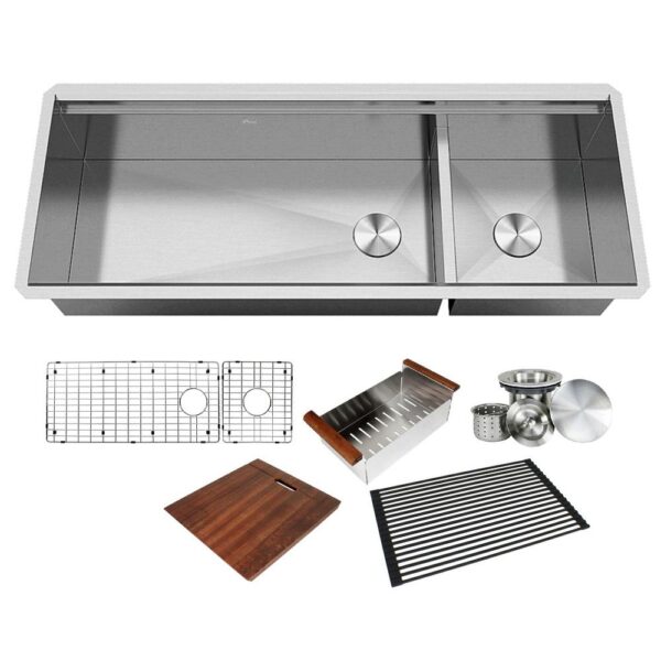 All-in-One Series Undermount Stainless Steel 48 in. Double Bowl Kitchen Sink in Brushed Finish with Accessories