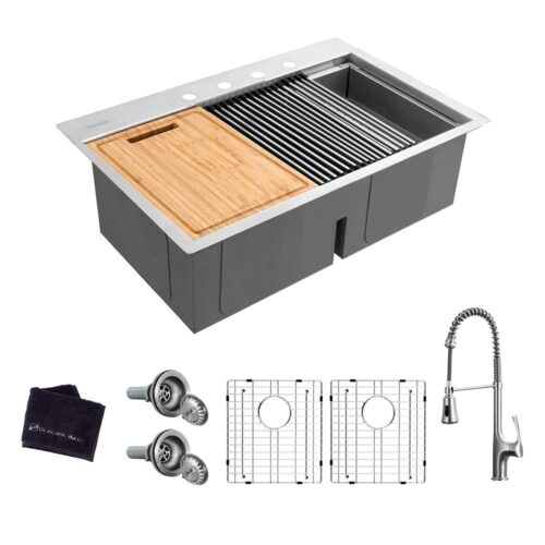 All-in-One Drop-In Stainless Steel 33 in. 4-Hole 50/50 Double Bowl Workstation Sink with Faucet and Accessories Kit