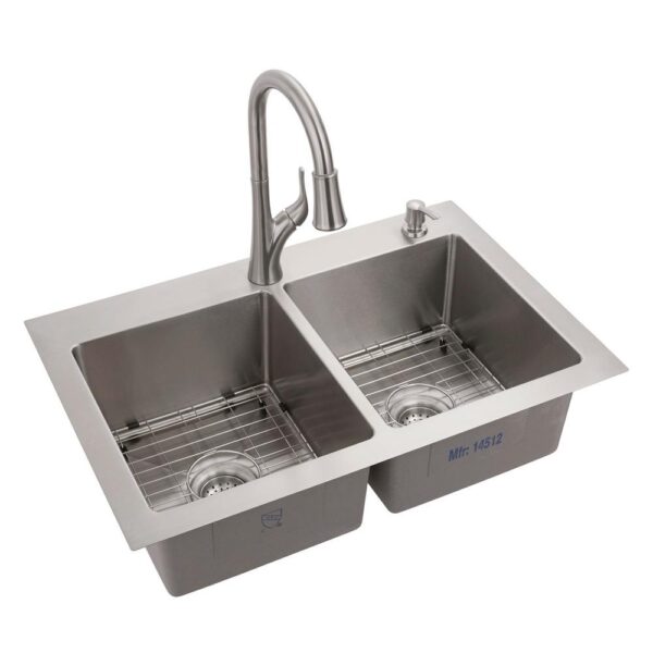 All-in-One Tight Radius Stainless Steel 33 in. 18-Gauge 2-Hole Double Bowl Dual Mount Kitchen Sink with Pull Down Faucet