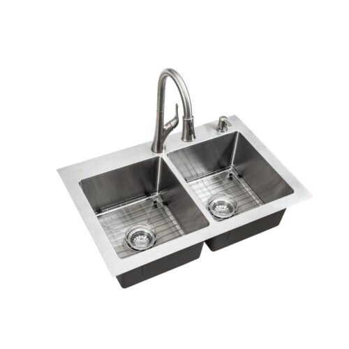 All-in-One Dual Mount Stainless Steel 33 in. 2-Hole 50/50 Double Bowl Kitchen Sink in Brushed Finish