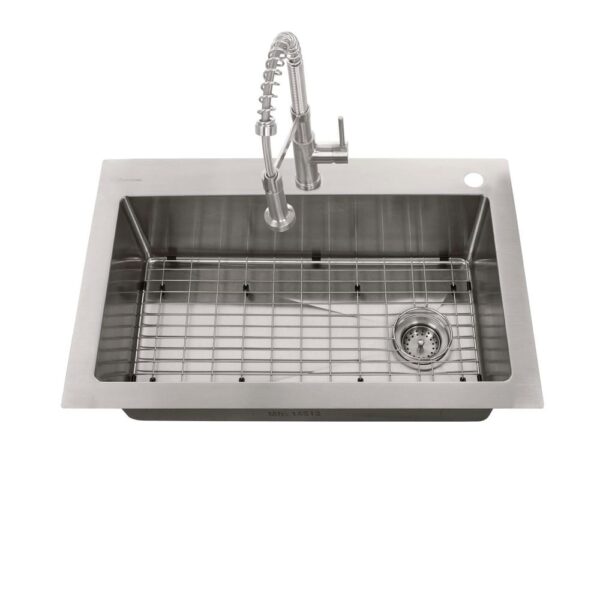 All-in-One Tight Radius Stainless Steel 33 in. 18-Gauge Single Bowl Dual Mount Kitchen Sink with Spring Neck Faucet