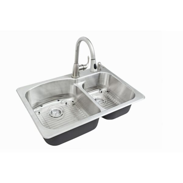 All-in-One Dual Mount Stainless Steel 33 in. 2-Hole Double Bowl Kitchen Sink Kit with Faucet