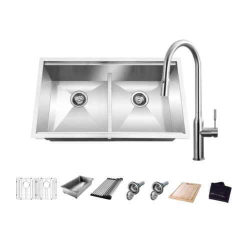 All-in-One Undermount Stainless Steel 33 in. 50/50 Double Bowl Workstation Kitchen Sink with Faucet and Accessories