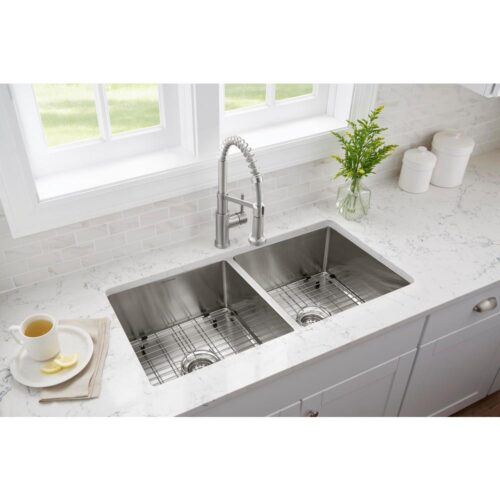 All-in-One Brushed Stainless Steel 36 in. 18-Gauge Tight Radius Double Bowl Undermount Kitchen Sink with Faucet