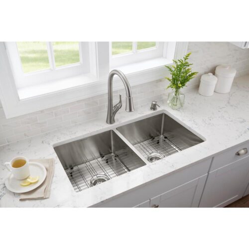 Brushed Stainless Steel 36 in. 18-Gauge Tight Radius Double Bowl Undermount Kitchen Sink with Grid and Strainer