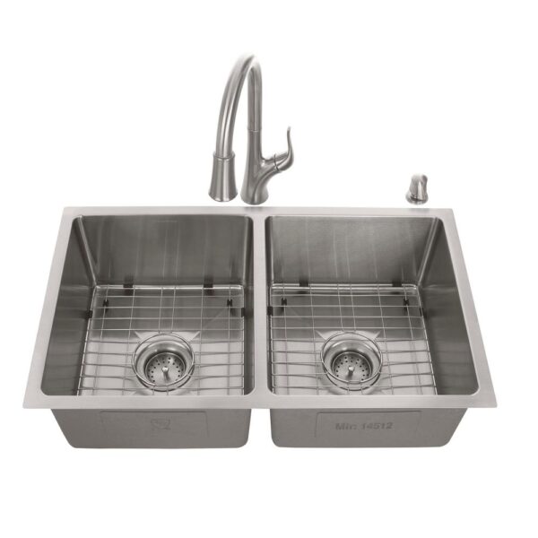 All-in-One Tight Radius Stainless Steel 31 in. 18-Gauge Double Bowl Undermount Kitchen Sink with Pull Down Faucet