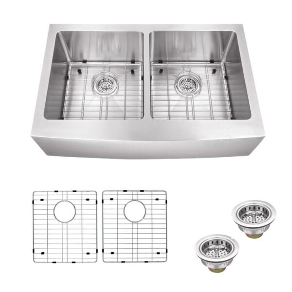 Farmhouse Apron Front 16-Gauge Stainless Steel 32-7/8 in. 50/50 Double Bowl Kitchen Sink with Grids and Drain Assemblies