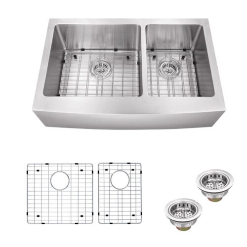 All-In-One Farmhouse Apron Front 16-Gauge Stainless Steel 32-7/8 in. 60/40 Double Bowl Kitchen Sink