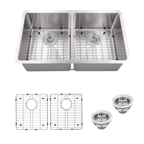 Undermount 16-Gauge Stainless Steel 32 in. 0-Hole 50/50 Double Bowl Radius Kitchen Sink in Brushed Stainless