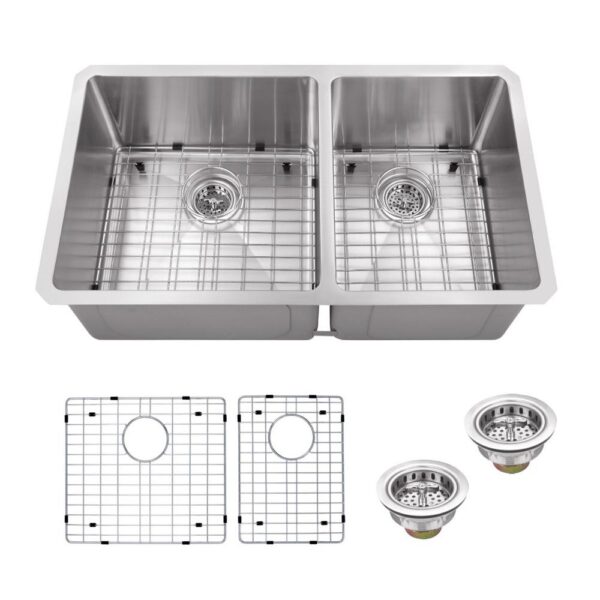 Undermount 16-Gauge Stainless Steel 32 in. 60/40 Double Bowl Radius Kitchen Sink with Grid Set and Drain Assemblies