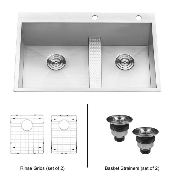 Drop-in Stainless Steel 33 in. 60/40 Low Wide-Divide 16-Gauge Top Mount Double Bowl Kitchen Sink