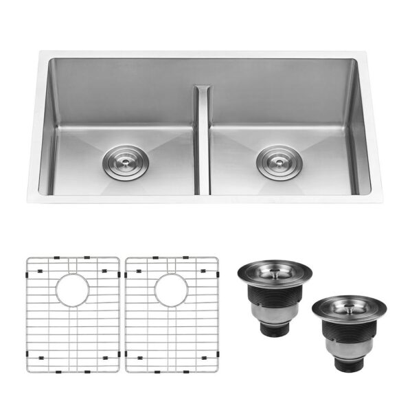 32 in. Low-Divide Double Bowl 50/50 Undermount 16-Gauge Stainless Steel Kitchen Sink