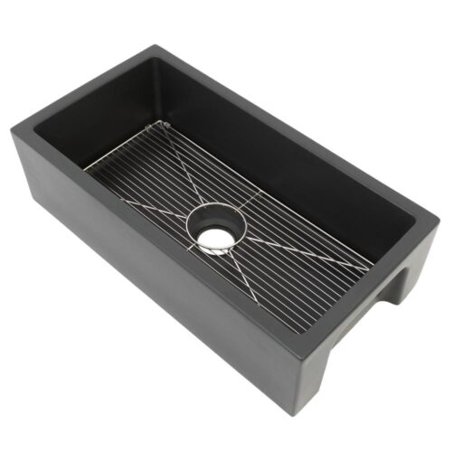 ZLINE Fireclay 33 in. Reversible Single Bowl Sink Farmhouse in Charcoal with Bottom Grid