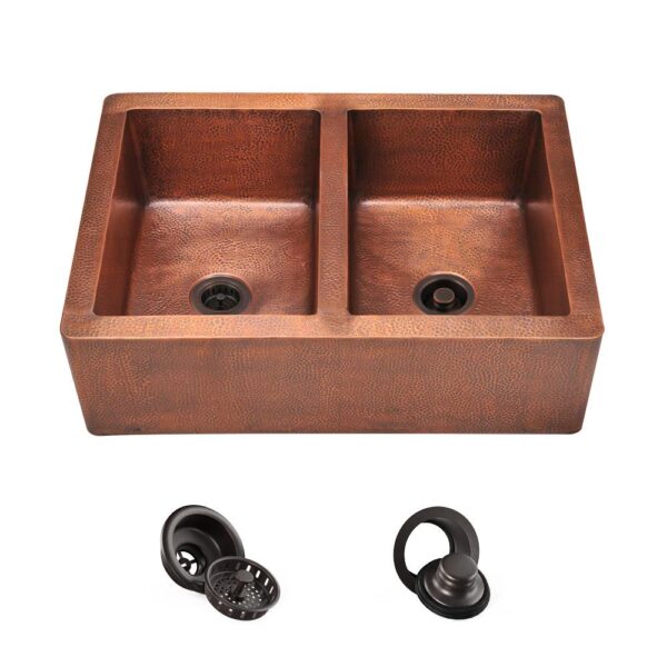 Farmhouse Apron Front Copper 35 in. Double Bowl Kitchen Sink with Strainer and Flange