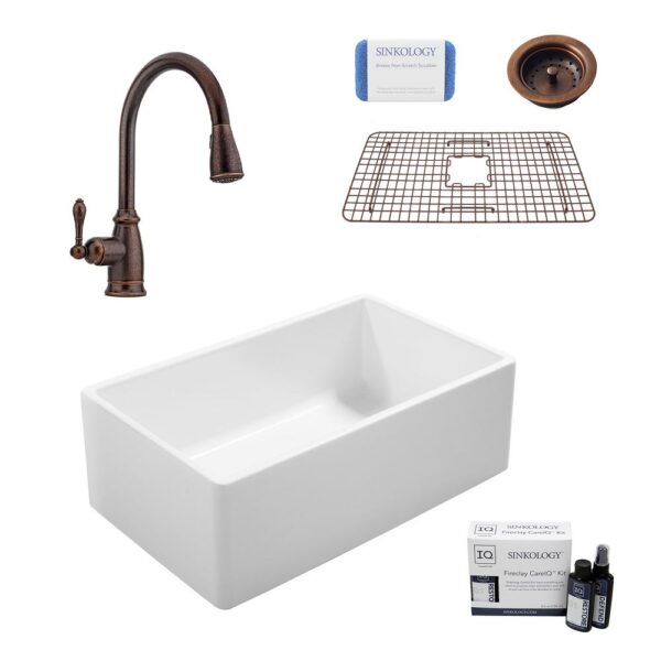 Ward All-in-One Farmhouse Fireclay 33 in. Single Bowl Kitchen Sink with Pfister Faucet in Bronze and Strainer Drain