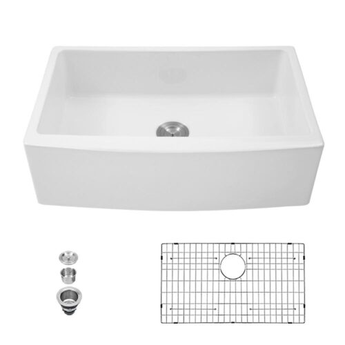 Fireclay Ceramic Porcelain 30 in. Single Bowl Farmhouse Apron Kitchen Sink White with Bottom Grid