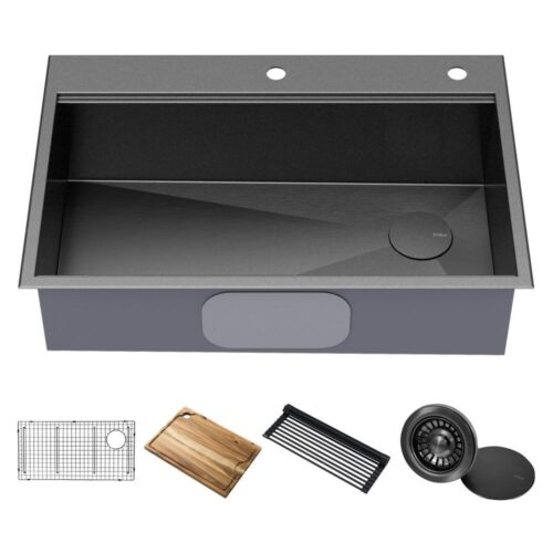 Kore Gunmetal 16-Gauge Stainless Steel PVD 33 in. Single Bowl Drop-In Workstation Kitchen Sink with Accessories