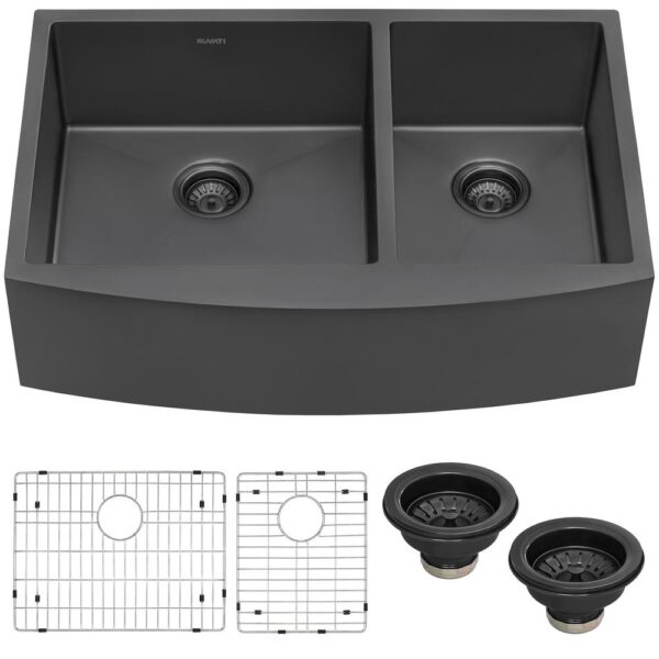 Gunmetal Black 16-Gauge Stainless Steel 33 in. 60/40 Double Bowl Farmhouse Apron Kitchen Sink