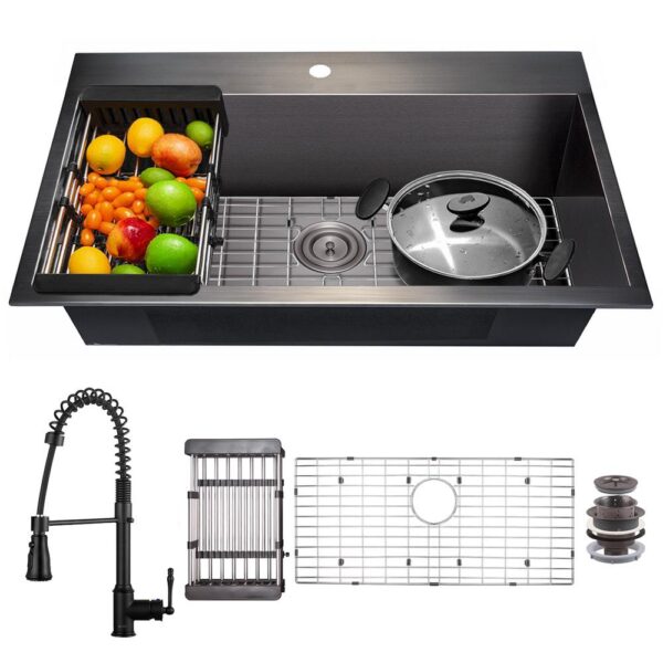 All-in-One Matte Black Finished Stainless Steel 33 in. x 22 in. Drop-In Single Bowl Kitchen Sink with Spring Neck Faucet