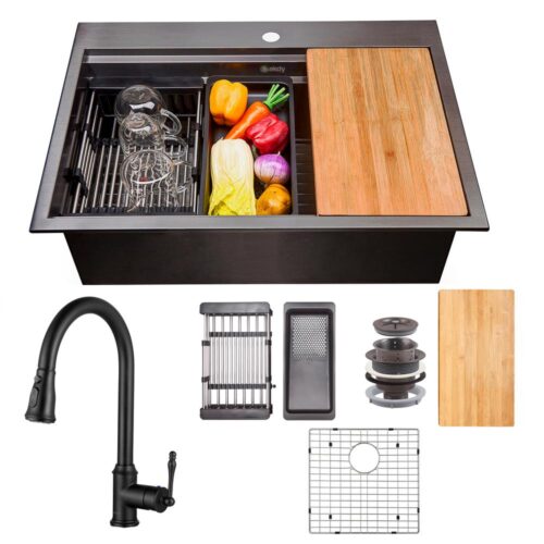 All-in-One Matte Black Finished Stainless Steel 25 in. x 22 in. Single Bowl Drop-in Kitchen Sink with Pull-down Faucet